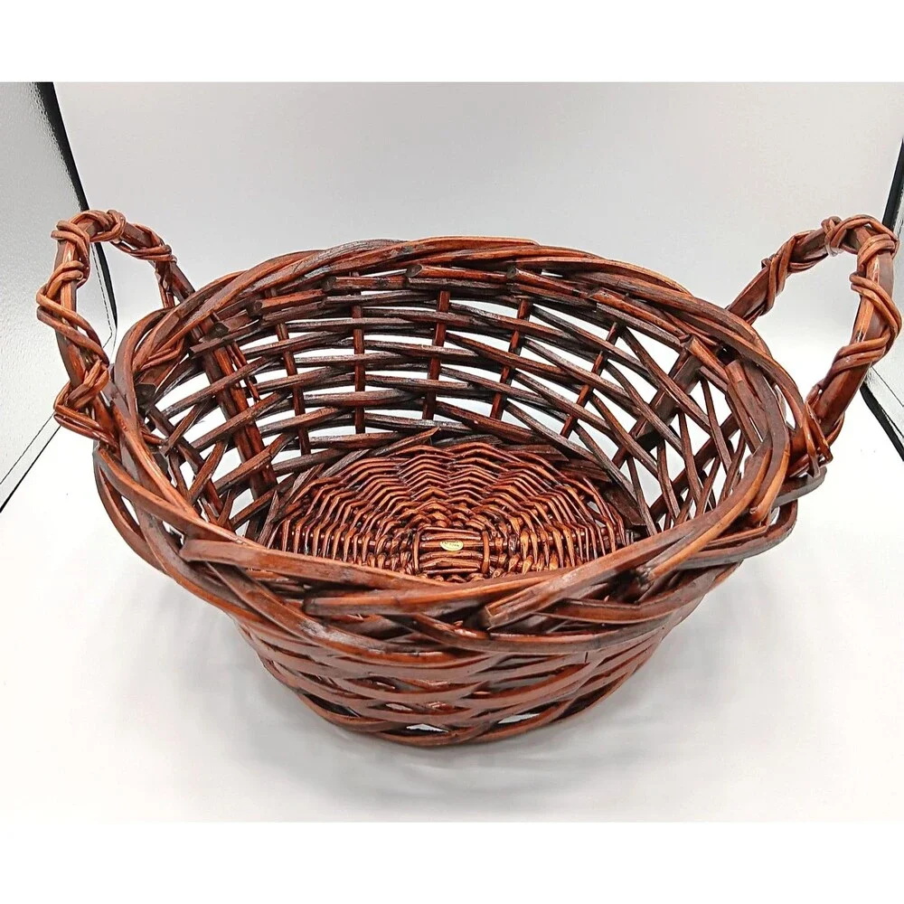 Wicker Gathering Basket Brown Thick Woven Side Handle Round Decor Bread Fruit 9